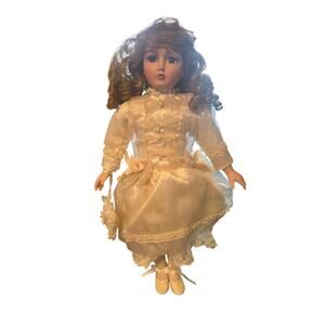 Vintage 22" Porcelain Doll White Party Dress Curly Brown Hair Needs Love